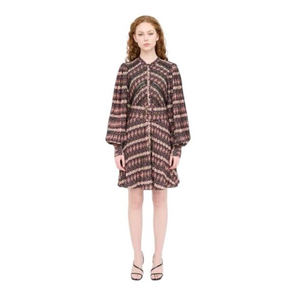 ByTimo Boho Printed Mini Dress Brown-Purple Long Sleeve Pleated Romantic Medium - Picture 7 of 7